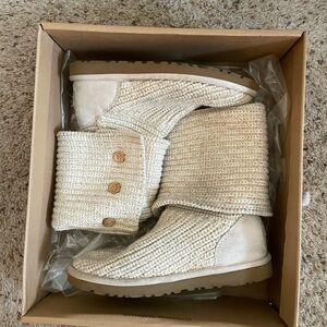 UGG Beige Knit Boots with Button Accent